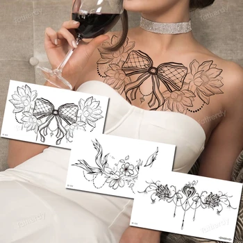 временная татуировка наклейка женская татуировка большого тела большая грудь татуировка грудины грудь черная татуировка хной кружевные украшения цветы дизайн