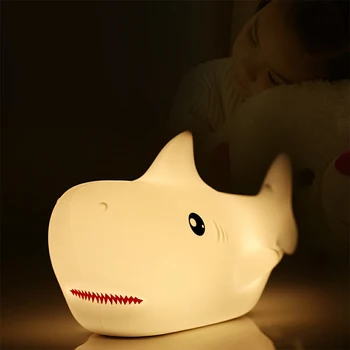 Ночник с акулой, сенсорный датчик, мягкая силиконовая лампа, милое животное для украшения детской комнаты, USB-аккумулятор, 7 цветов